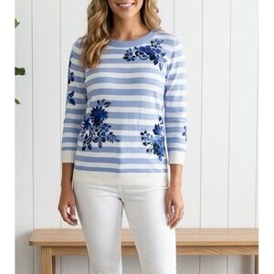 Talbots Sweater Women‎ S Blue Striped Floral 3/4 Sleeve Cotton Blend Preppy NWT